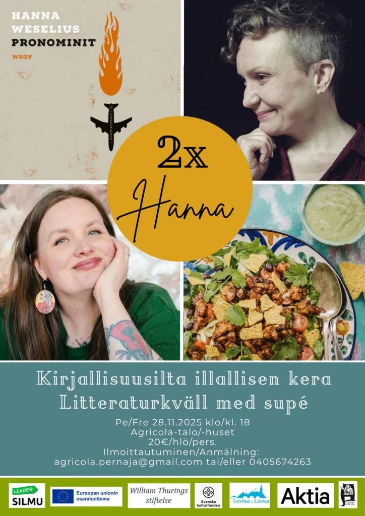 2x Hanna – kirjallisuusilta illallisen kera / litteraturkväll med supé – juliste/affisch