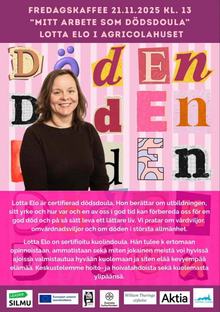 Fredagskaffee: Lotta Elo – Mitt arbete som dödsdoula – juliste/affisch
